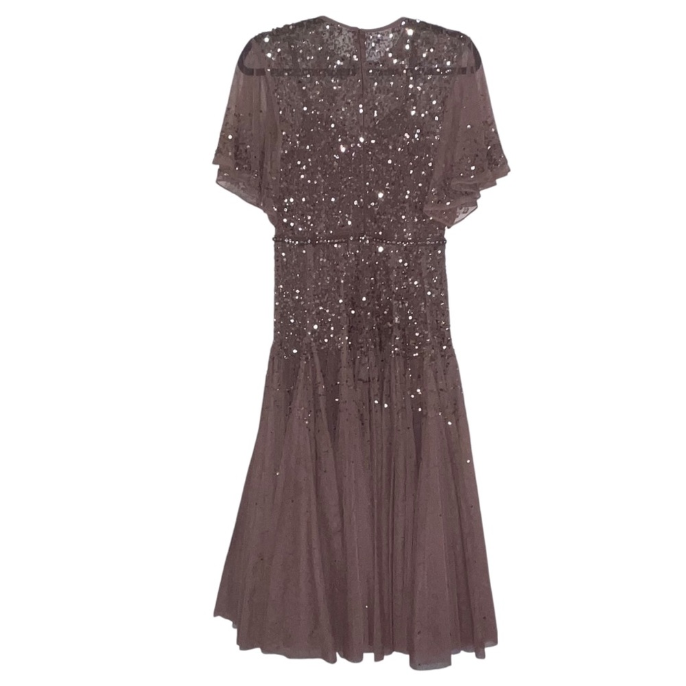 NEW NWT Mac Duggal Cape Sleeve Beaded Tea Length Drop Waist Midi Dress Rosewood - Picture 8 of 14